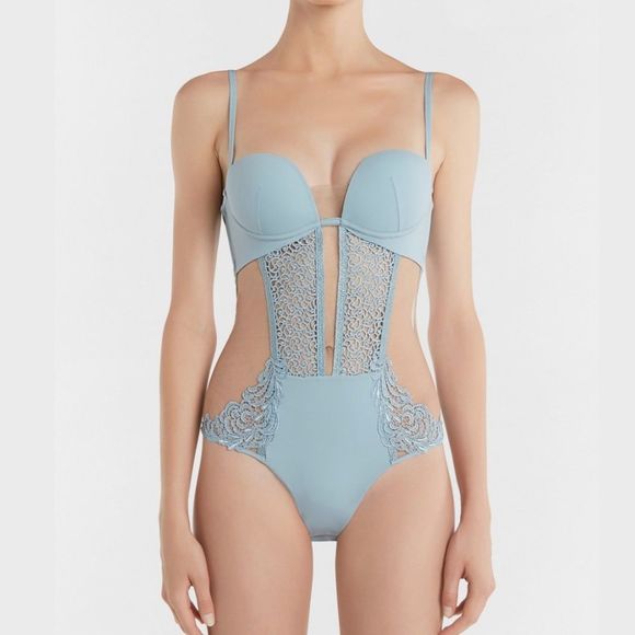 La Perla Tops - LA PERLA New Macrame Bodysuit - Steel Blue- 36C